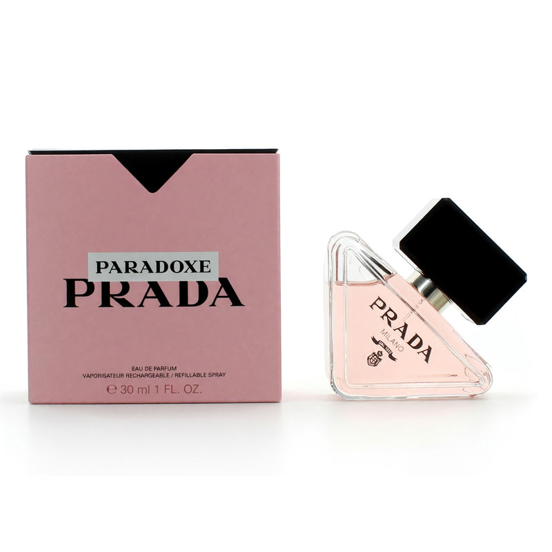 Prada Paradoxe 1 oz women’s EDP spray bottle with elegant packaging and clear Prada branding.