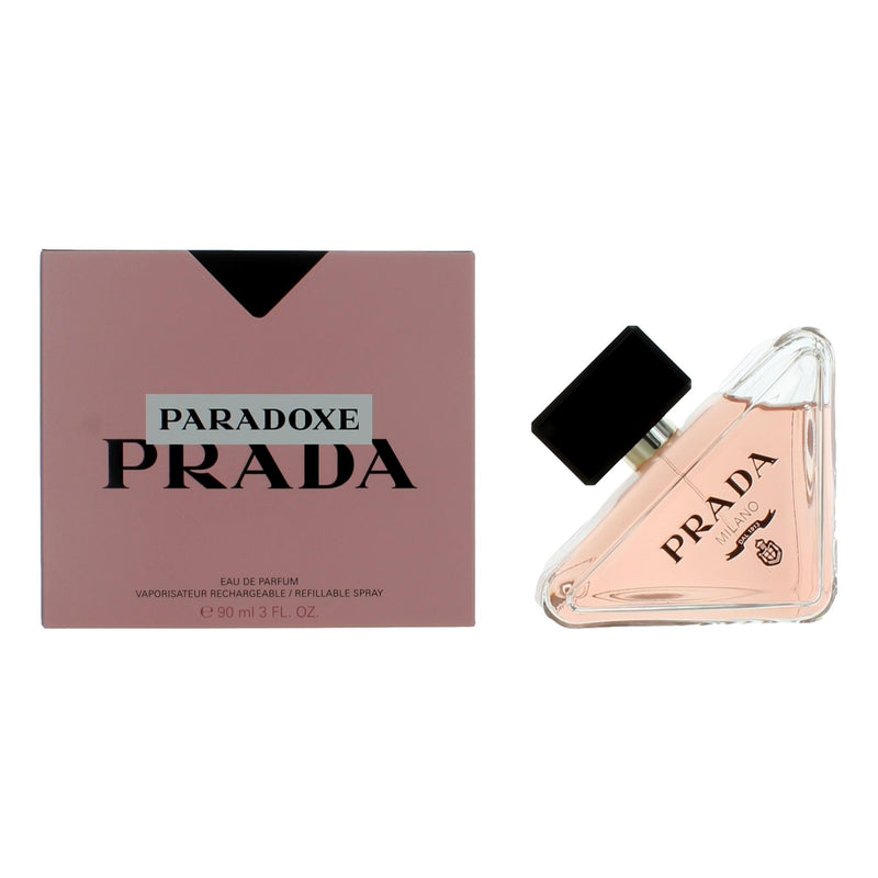 Prada Paradoxe women’s 3 oz EDP spray bottle with elegant packaging and silver cap, showcasing the Prada brand.
