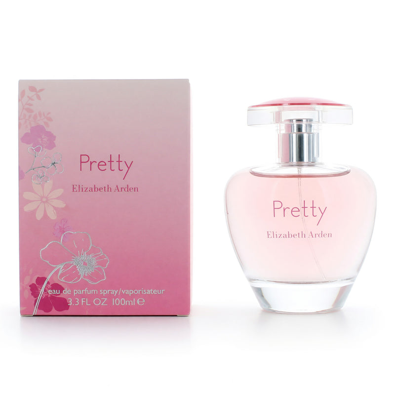 Elizabeth Arden Pretty 3.3 oz women's EDP spray bottle, elegant perfume container with floral design and silver cap.