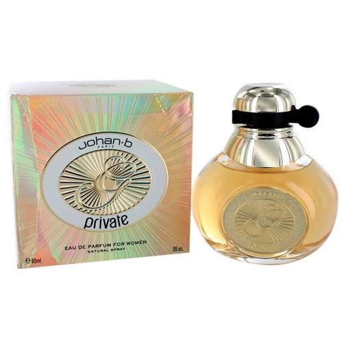 Johan.b Private 3 oz women's EDP spray bottle, elegant design, showcasing the perfume with a sleek, modern look.