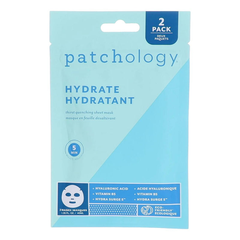 Two Patchology Hydrate Hydrant face mask sheets showing skincare product with soothing, hydrating ingredients on white background.