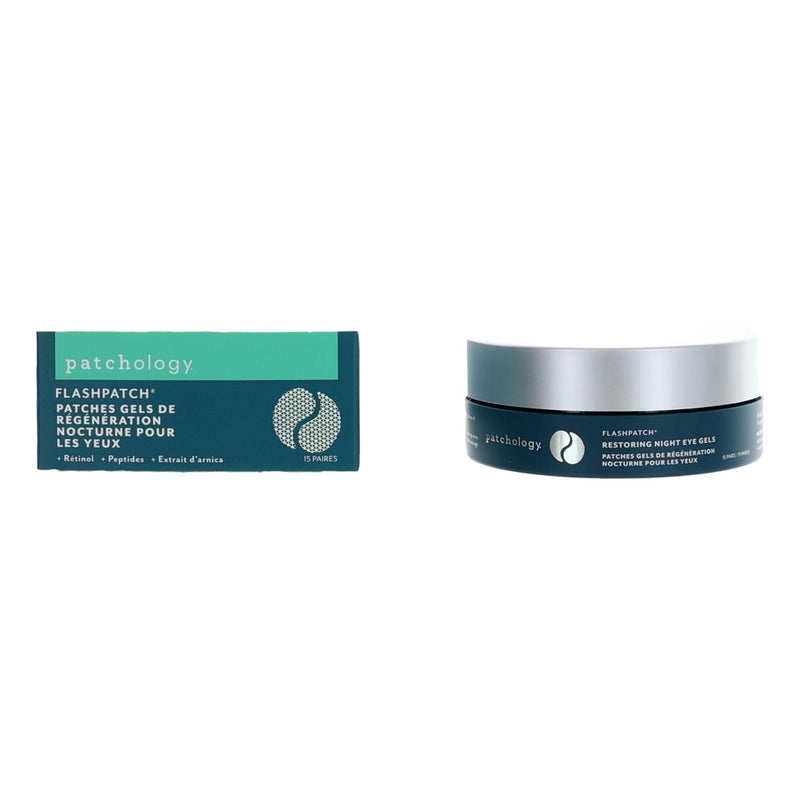 Patchology FlashPatch Restoring Night Eye Gels, 15 pairs, in clear containers showing individual gel patches for eye rejuvenation.