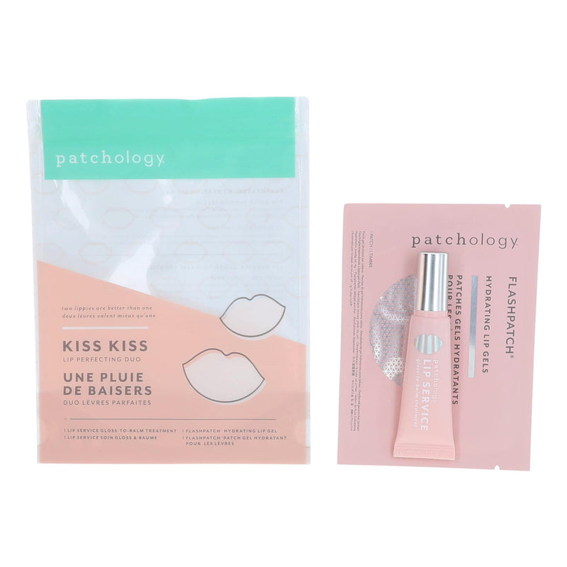 Patchology Kiss Kiss Lip Perfecting Duo with two nourishing lip treatment products in sleek packaging.