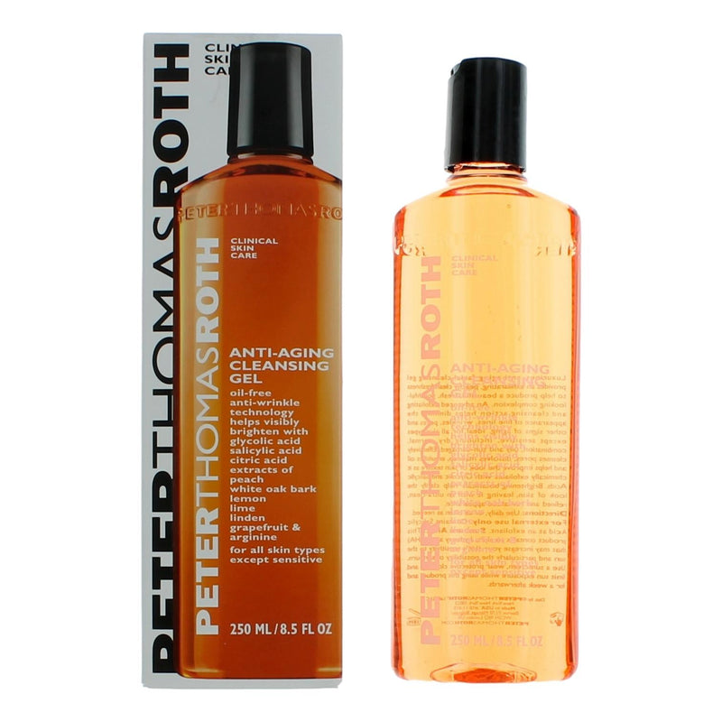 Peter Thomas Roth Anti-Aging Cleansing Gel in 8.5oz bottle, physical cleanser with clear gel texture, suitable for mature skin.