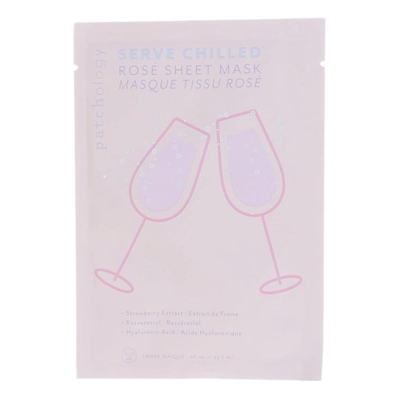 Patchology Serve Chilled Rose Sheet Mask, a soothing skincare mask with rose extract, shown in a packaging image.