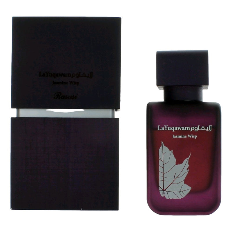 Rasasi La Yuqawam Jasmin Wisp 2.5 oz women’s EDP spray bottle with elegant floral packaging and branding.