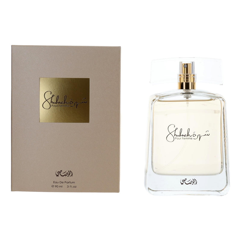 Shuhrah by Rasasi women’s 3 oz EDP spray bottle, elegant perfume with floral and woody notes, displayed on a neutral background.