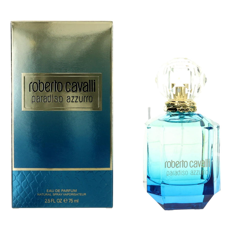 Roberto Cavalli Paradiso Azzurro 2.5oz women’s EDP spray bottle with elegant packaging.