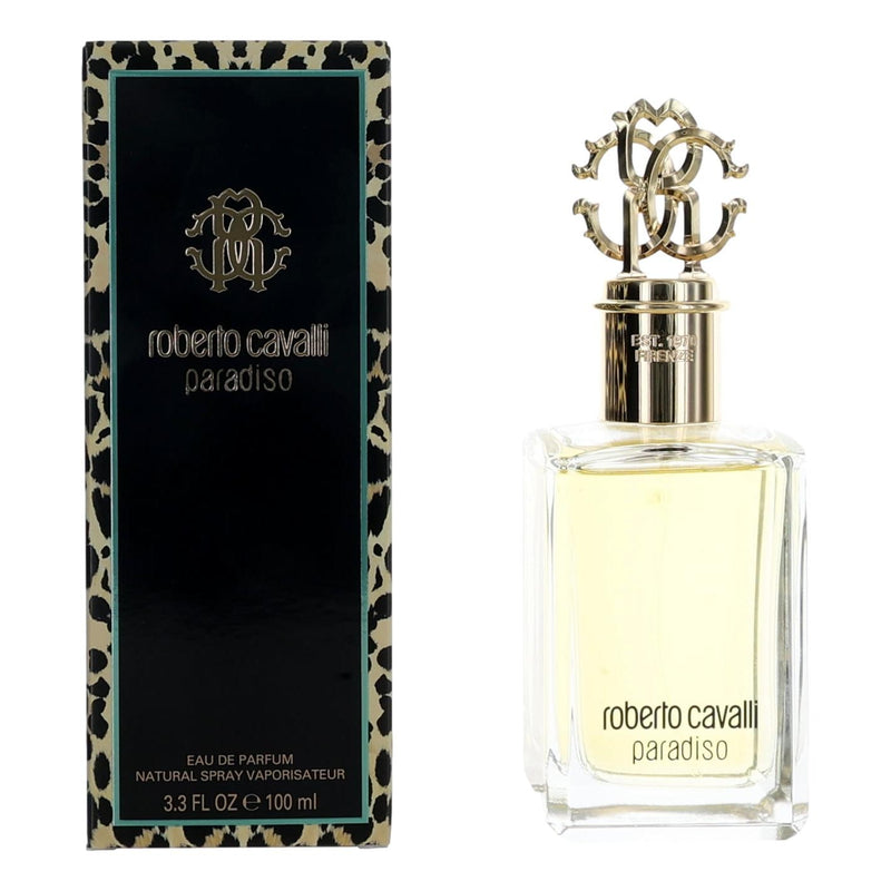 Roberto Cavalli Paradiso women's 3.3oz EDP spray bottle with elegant packaging and floral design.