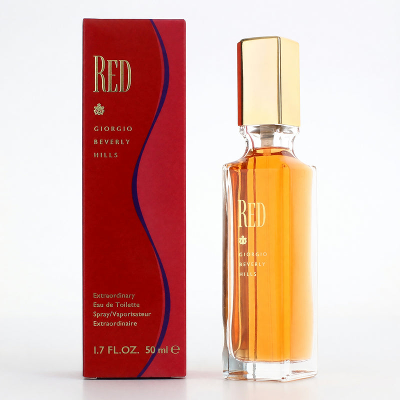 Beverly Hills Red women's 1.7 oz EDT spray bottle, sleek red packaging, showcasing the fragrance product.