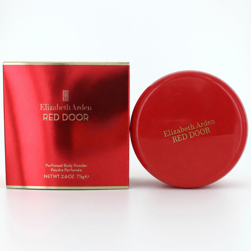Elizabeth Arden Red Door dusting powder in a 2.6 oz container, with a red door design on the packaging.