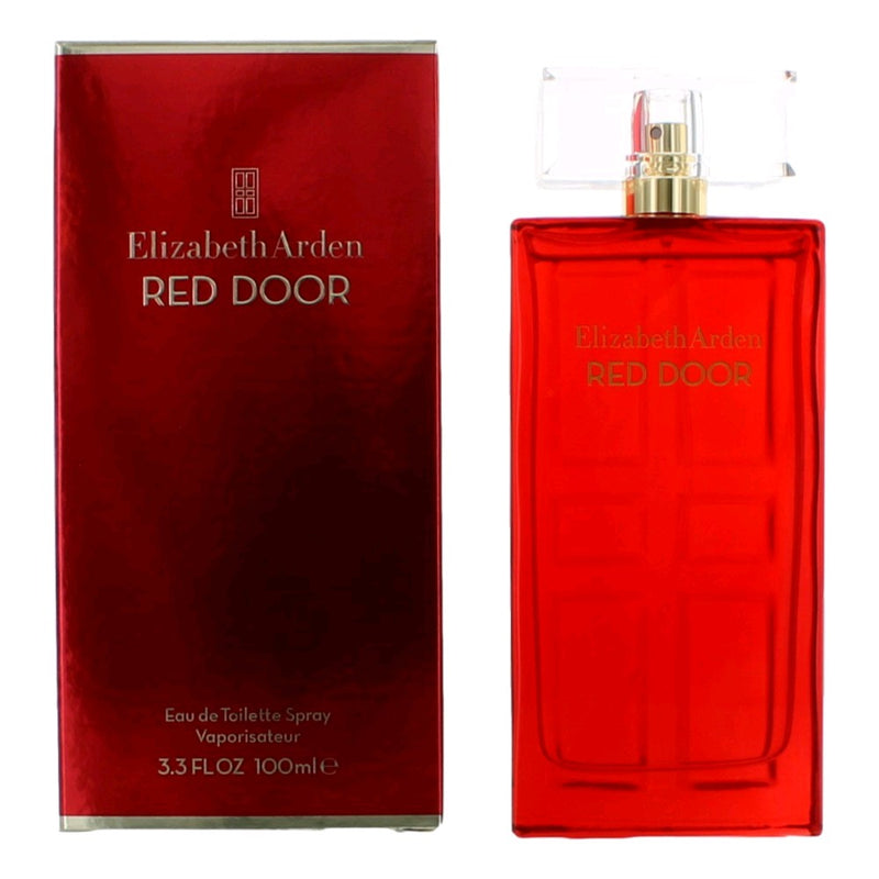 Red Door by Elizabeth Arden 3.3 oz EDT spray for women, featuring a sleek red perfume bottle with gold accents.