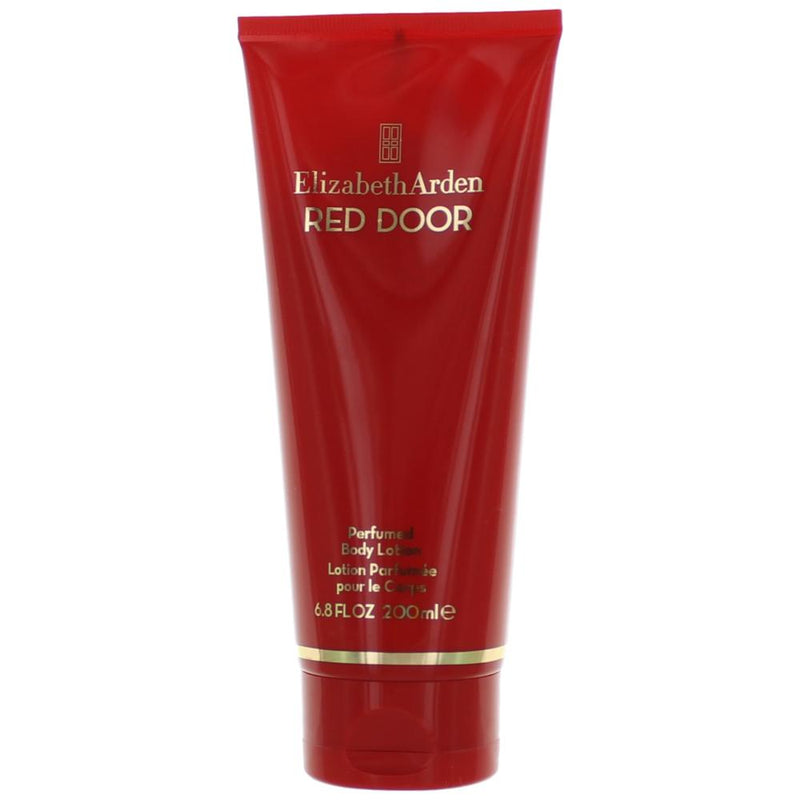Elizabeth Arden Red Door perfumed body lotion for women, 6.8oz, with elegant red packaging and smooth lotion texture visible in the image.
