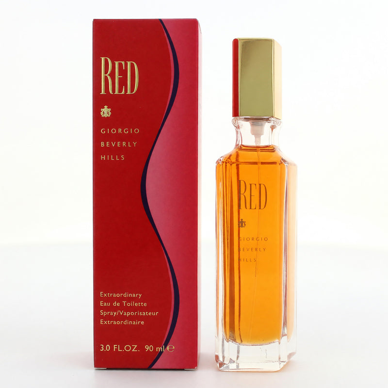Red by Beverly Hills 3 oz women's EDT spray bottle, vibrant red packaging with a sleek design and clear fragrance branding.