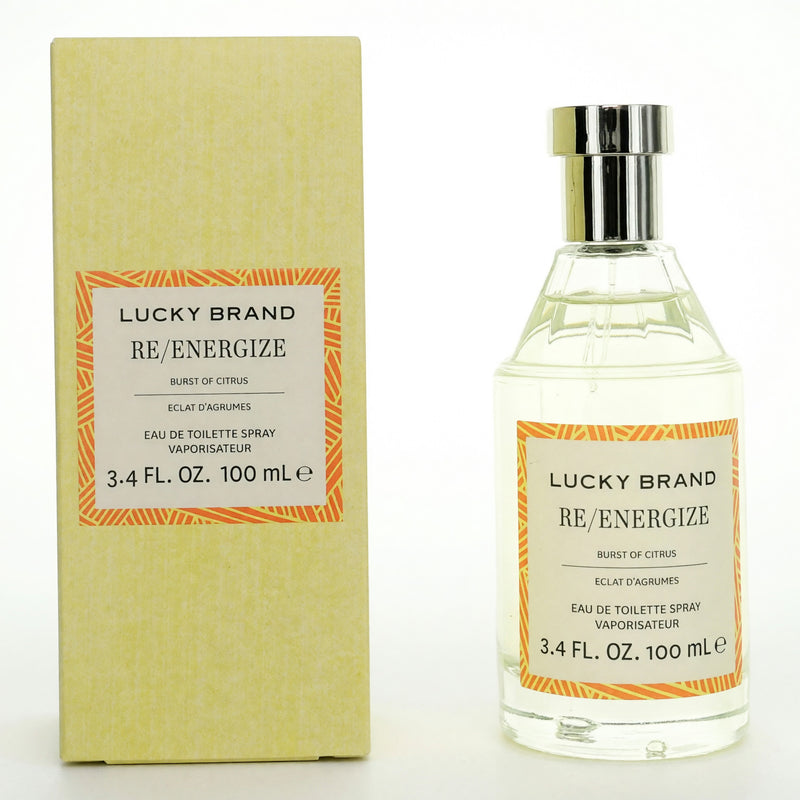 Lucky Brand Re/Energize women's 3.4 oz EDT spray bottle, featuring the fragrance's sleek packaging and branding.