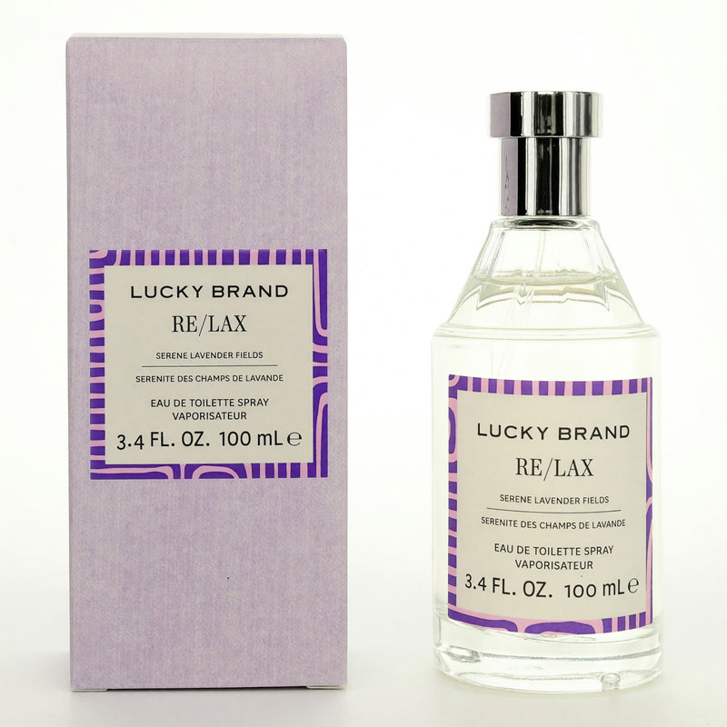 Lucky Brand Re/Lax women’s 3.4 oz EDT spray bottle showing the floral perfume bottle design.