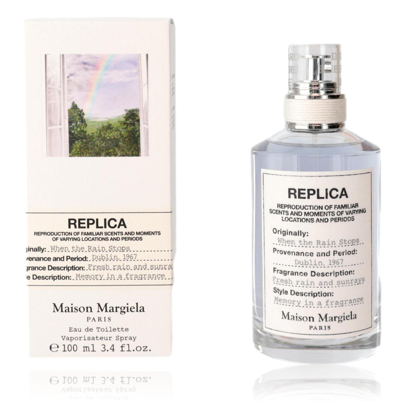 Maison Margiela Replica When the Rain Stops 3.4oz unisex EDT spray bottle, sleek and minimalist design.