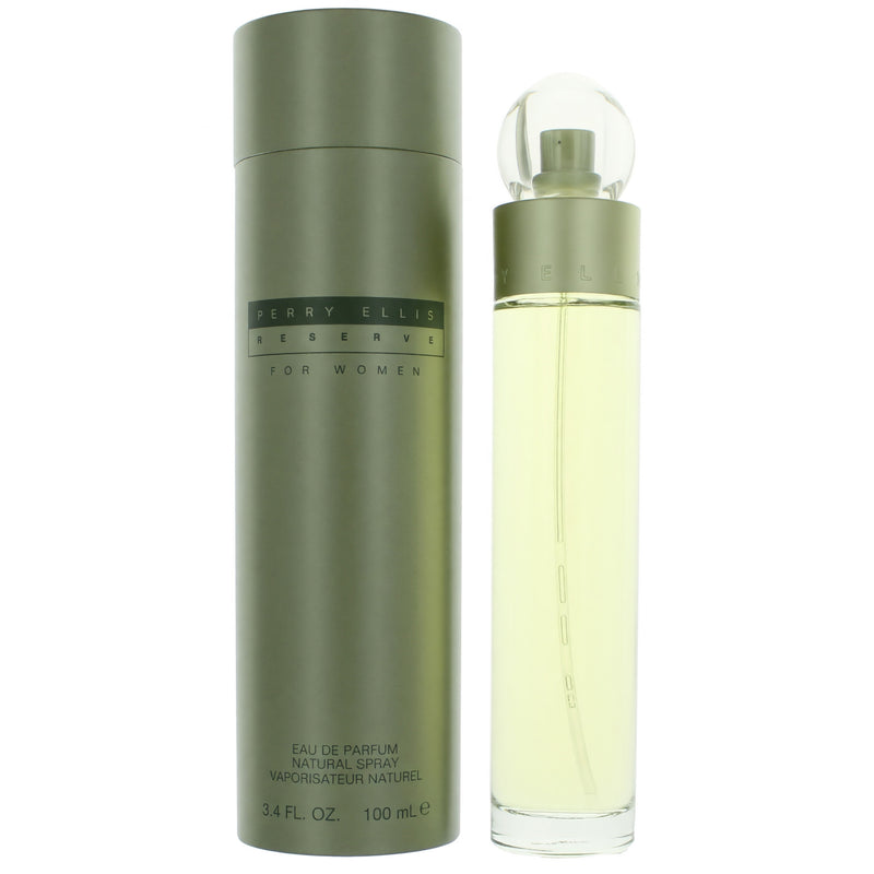 Reserve by Perry Ellis women's 3.4 oz EDP spray bottle with elegant packaging and floral design.