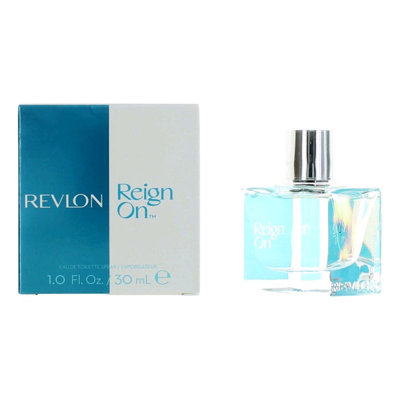 Revlon Reign On 1 oz women's EDT spray bottle with elegant packaging and floral design.