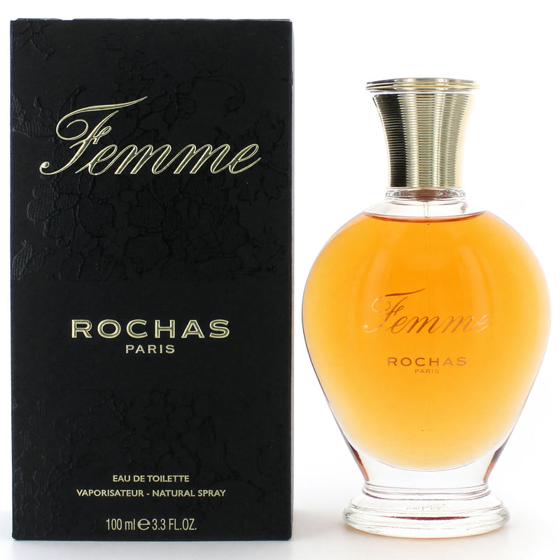 Femme by Rochas 3.3 oz EDT spray for women, elegant fragrance bottle with sleek design and floral accents.