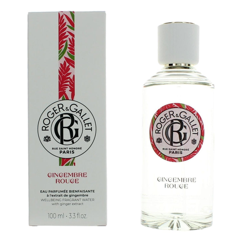 Roger & Gallet Gingembre Rouge Eau Parfumée spray for women, 3.3 oz bottle, featuring elegant packaging and the ginger fragrance.