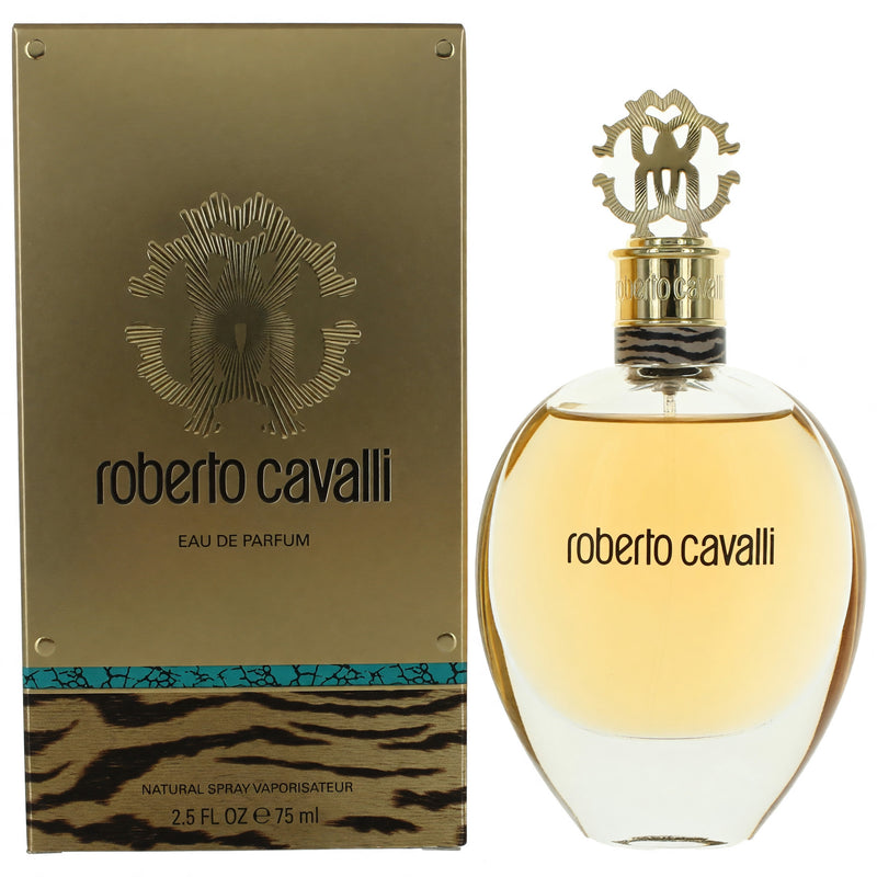 Roberto Cavalli by Roberto Cavalli 2.5 oz women’s EDP spray bottle with elegant packaging and branding.