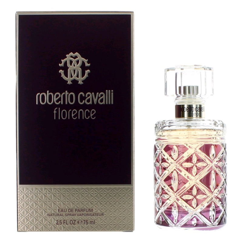Roberto Cavalli Florence women’s 2.5oz Eau de Parfum spray bottle with elegant packaging and golden accents.