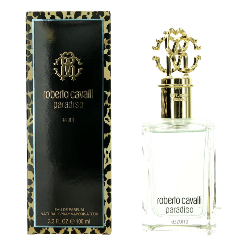 Roberto Cavalli Paradiso Azzurro women’s 3.3oz Eau de Parfum spray, elegant bottle with floral and citrus accents.