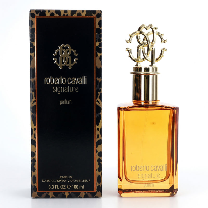Roberto Cavalli Signature women’s 3.3oz parfum spray bottle with elegant packaging and sleek design.