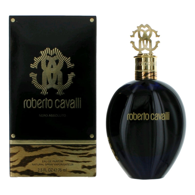 Roberto Cavalli Nero Assoluto 2.5oz EDP spray bottle for women, sleek black packaging, elegant design, and fragrance label visible.