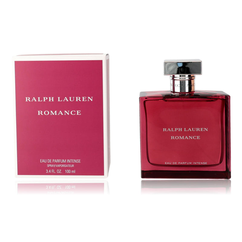 Ralph Lauren Romance 3.4 oz EDP Intense spray for women, featuring the elegant perfume bottle with floral design.