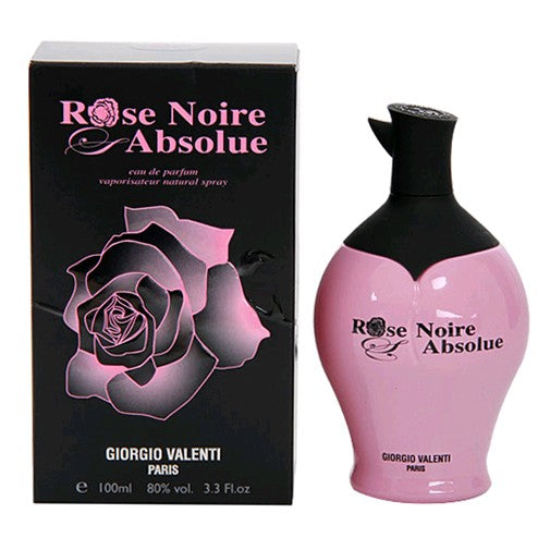 Giorgio Valenti Rose Noire Absolue 3.4 oz women's EDP spray bottle with elegant floral design.