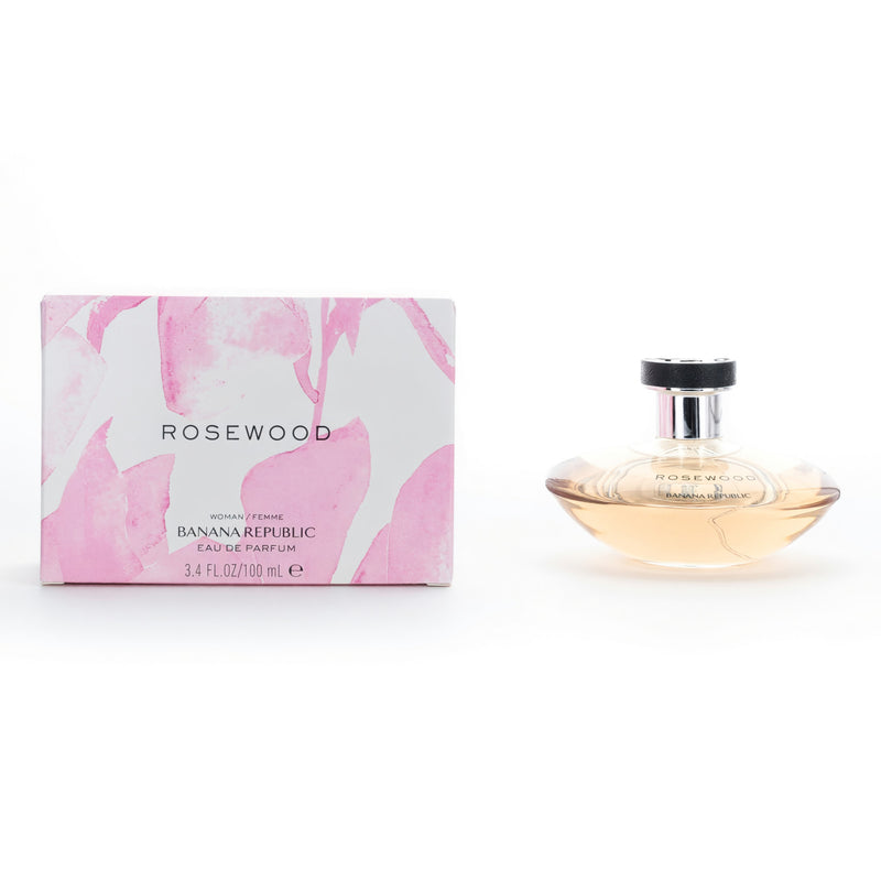 Rosewood by Banana Republic 3.4 oz women’s EDP spray bottle, elegant design, showcasing the perfume packaging.