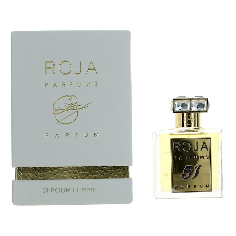 Roja 51 Pour Femme parfum spray for women, 1.7 oz bottle with elegant packaging, feminine fragrance design.