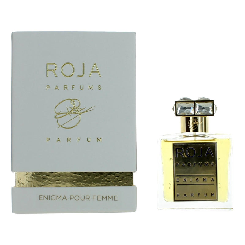 Roja Enigma Pour Femme 1.7 oz parfum spray for women, elegant bottle with a sleek design and luxurious fragrance.