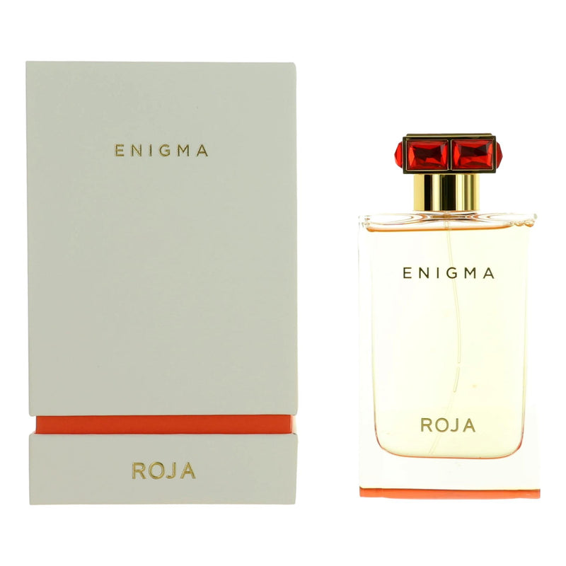 Roja Enigma 2.5 oz EDP spray for women, elegant perfume bottle with silver accents and a sleek design.
