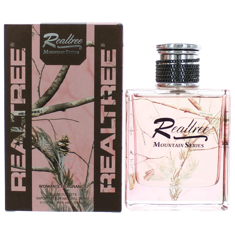 Realtree Mountain Series women’s 3.4 oz EDT spray bottle with outdoor-themed design and Realtree branding.