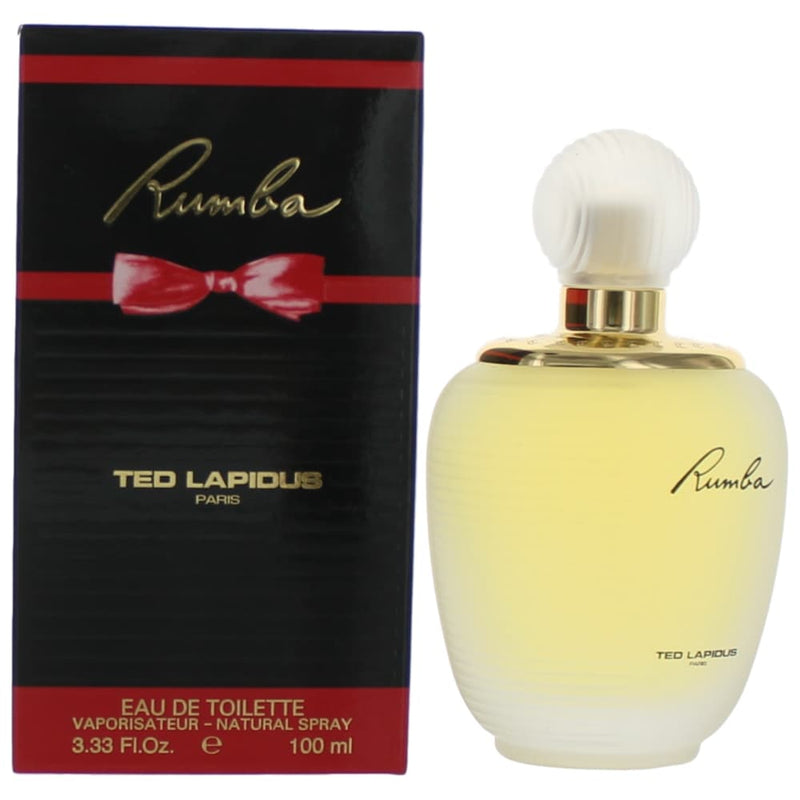 Rumba by Ted Lapidus 3.3 oz women’s EDT spray bottle with elegant packaging and floral design.