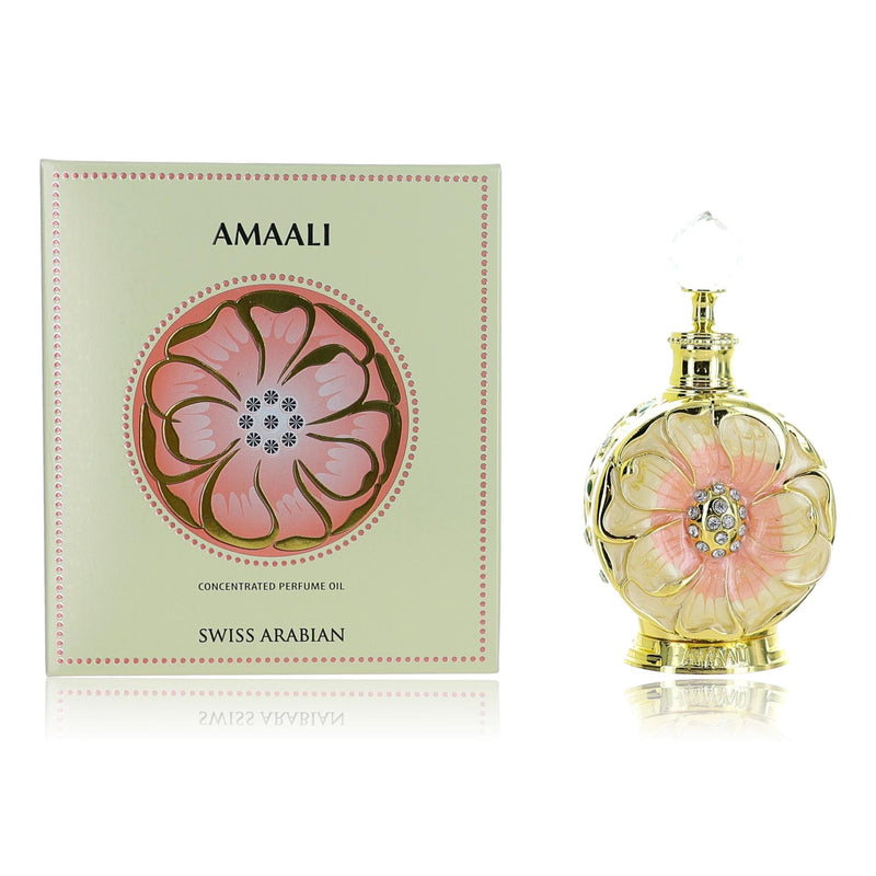 Amaali by Swiss Arabian 0.5 oz concentrated perfume oil for women, featuring a sleek glass bottle with ornate cap.