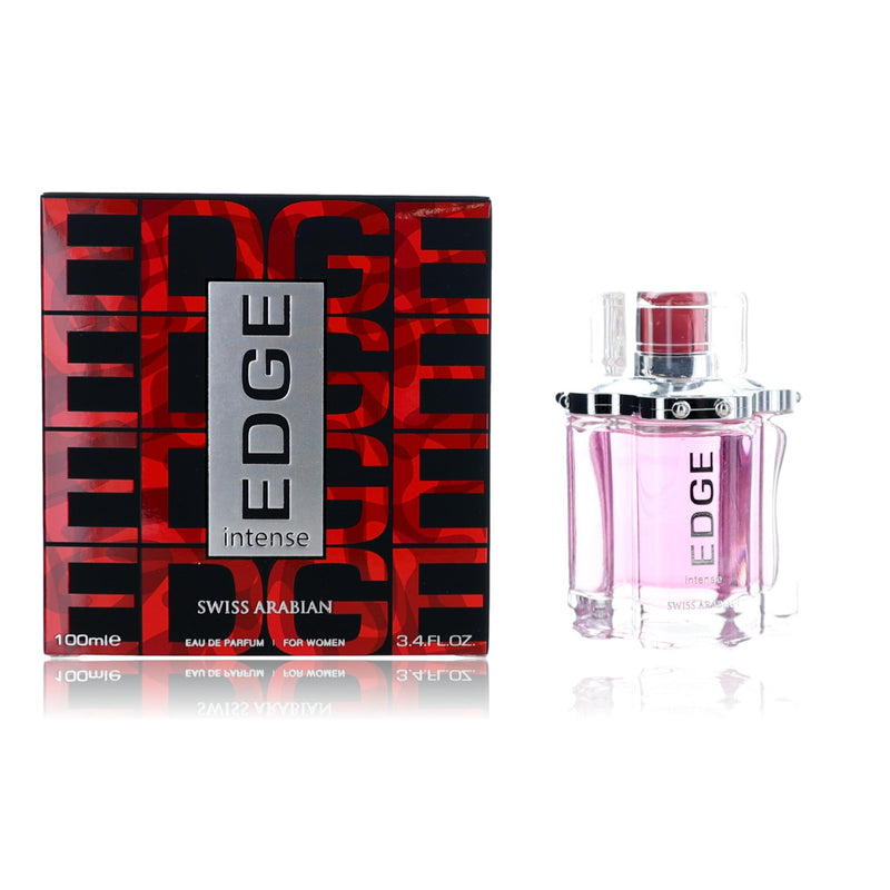 Swiss Arabian Edge Intense women’s 3.4 oz EDP spray bottle, elegant perfume with floral and spicy notes.