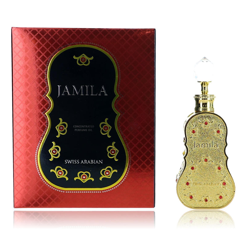 Swiss Arabian Jamila concentrated perfume oil for women, 0.5 oz, featuring elegant packaging and a luxurious fragrance.