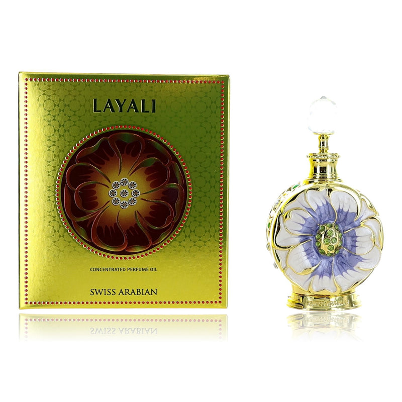 Swiss Arabian Layali 0.5 oz concentrated perfume oil for women, featuring elegant glass bottle with gold accents.