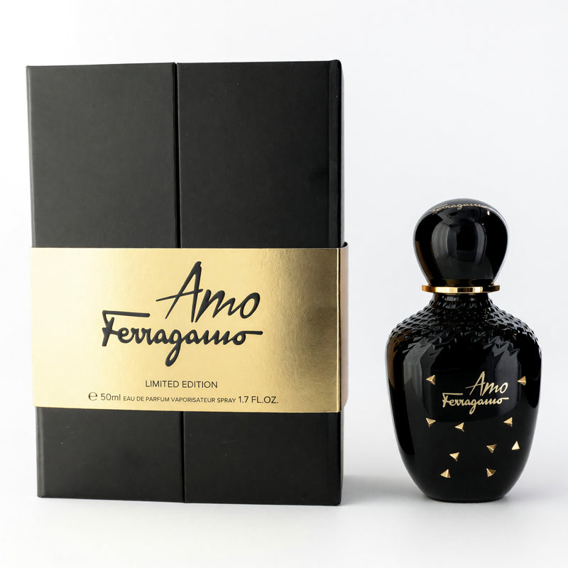 Limited edition Salvatore Ferragamo Amo Black 1.7oz women’s EDP spray bottle with sleek black packaging.