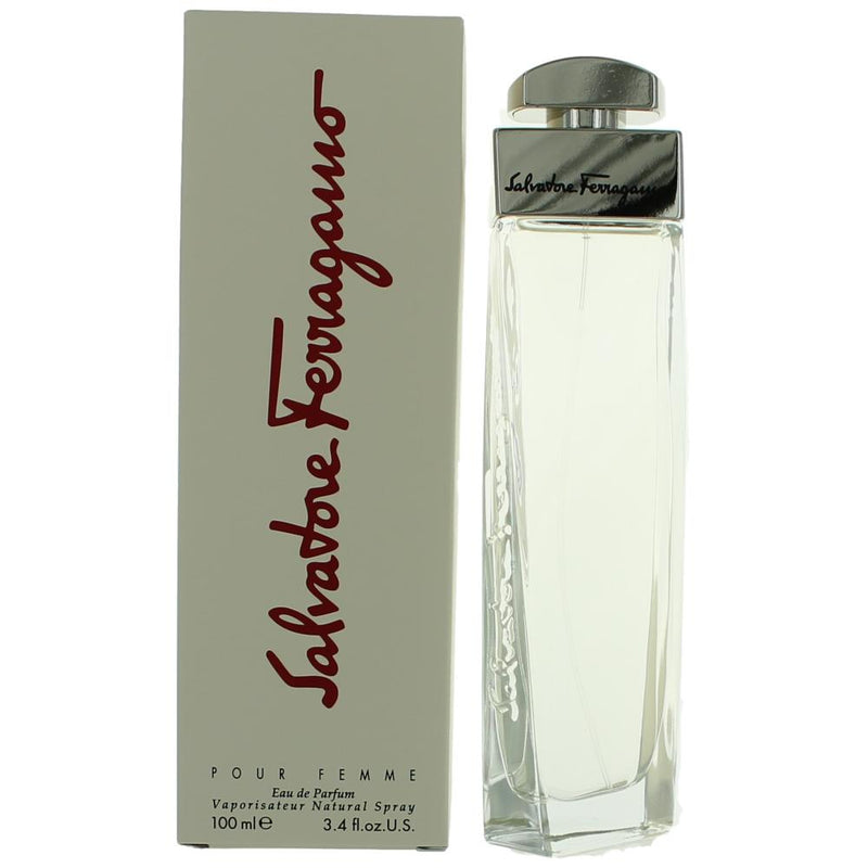 Salvatore Ferragamo 3.4 oz women's EDP spray bottle with elegant packaging and branding, ready for use.