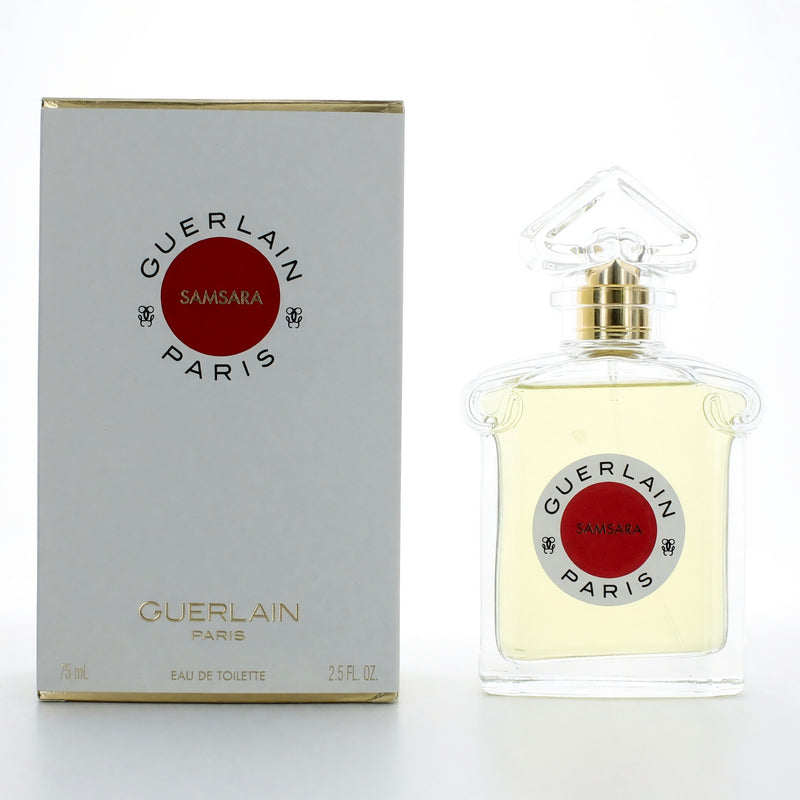 Samsara by Guerlain women's 2.5 oz EDT spray, elegant glass bottle with gold accents and floral design, ready for use.