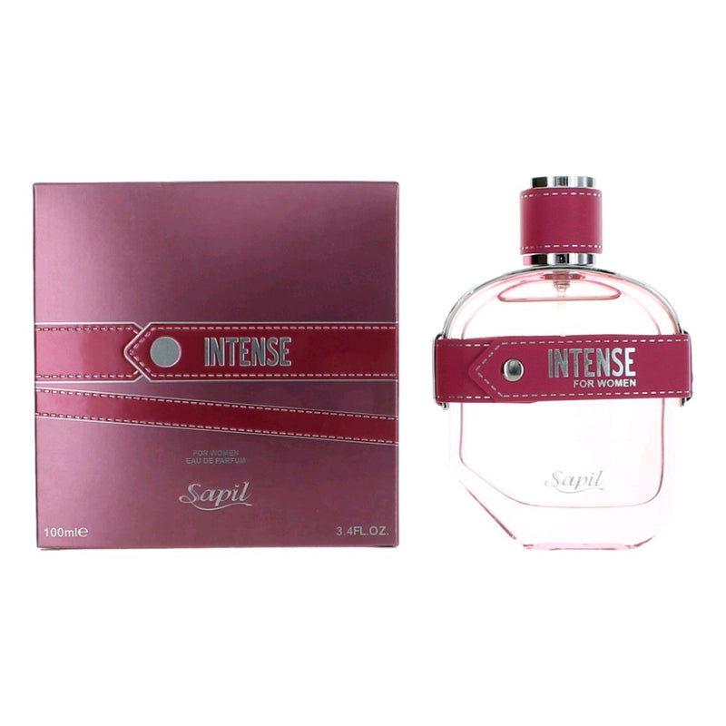 Intense by Sapil 3.4 oz women's EDP spray bottle with sleek design and clear label, ready for application.