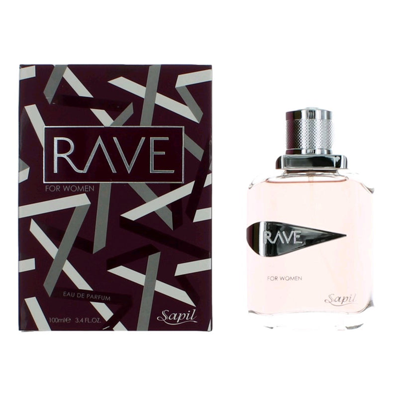 Rave by Sapil women’s 3.4 oz EDP spray bottle with elegant packaging and floral design, showcasing the perfume container.