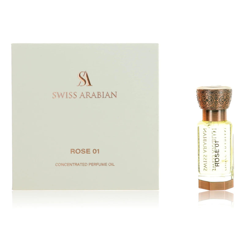 Swiss Arabian Rose 01 unisex perfume oil in a 0.4 oz bottle, featuring a floral rose scent and elegant packaging.