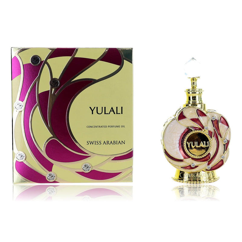 Yulali by Swiss Arabian 0.5 oz concentrated perfume oil for women, featuring a sleek glass bottle with elegant packaging