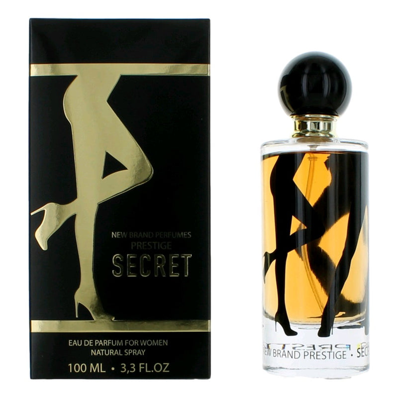 Secret by New Brand 3.3 oz women’s EDP spray bottle, elegant packaging and floral fragrance design.